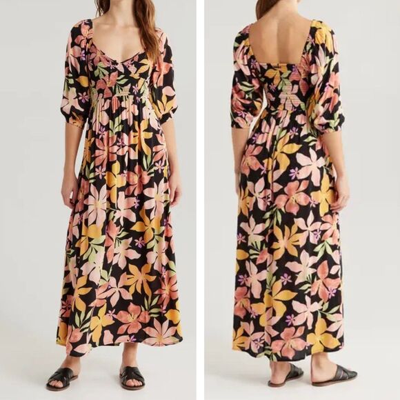 Billabong Wish Me Luck Floral Smocked Midi Dress Size Small Boho Dark Romance - Picture 1 of 7